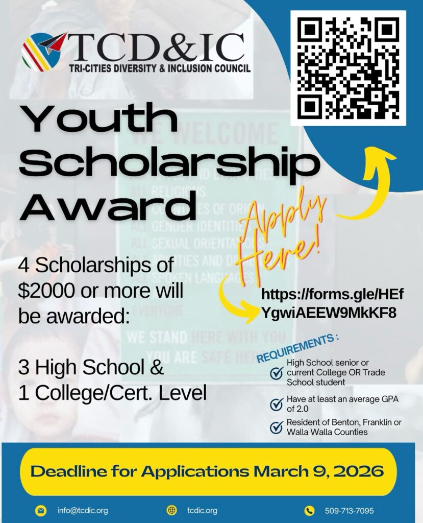 2026 Youth Scholarship flyer for the Tri-Cities Diversity & Inclusion Council (TCDIC). The flyer outlines scholarship opportunity for youth, key eligibility requirements, required materials, and the application deadline. A QR code is included for the online application, along with contact information and organization logos.