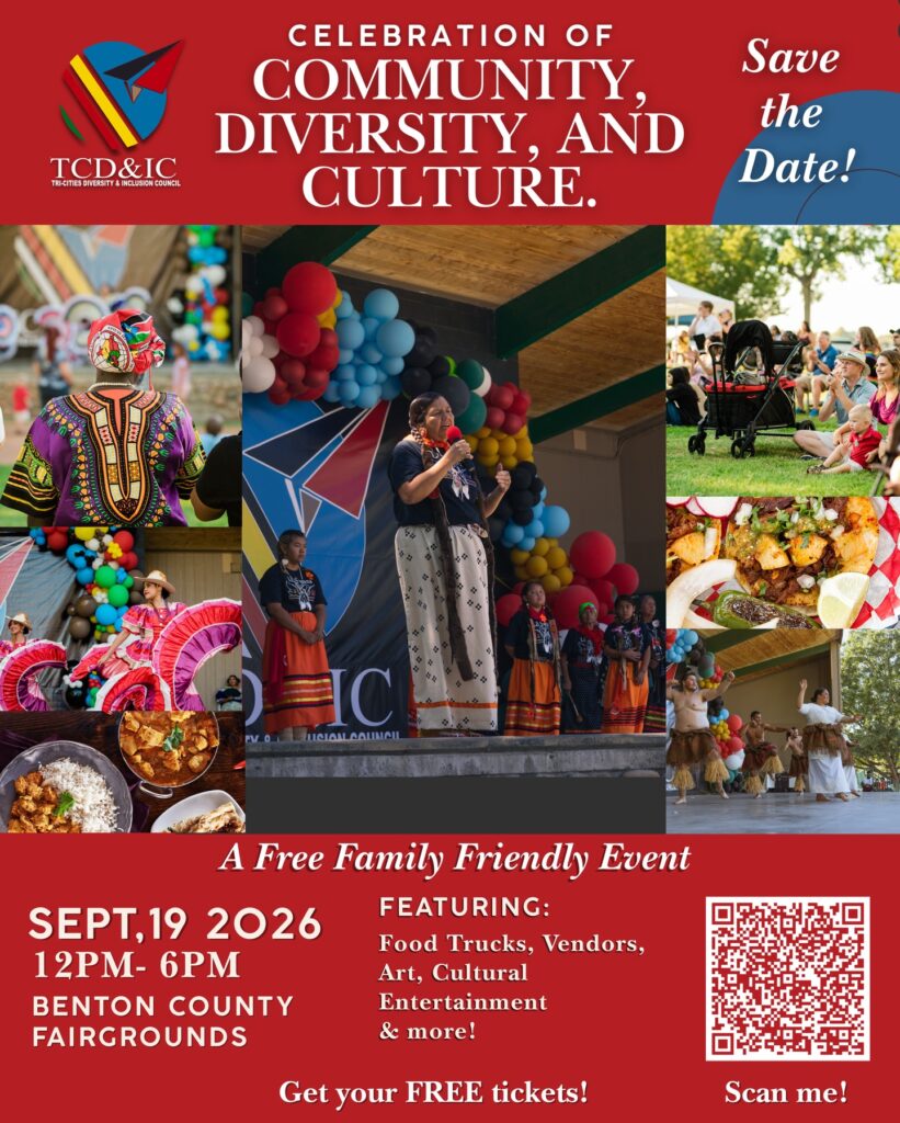 “Save the Date flyer for TCD&IC Celebration of Community, Diversity, and Culture; Sept. 19, 2026; 12 PM–6 PM; Benton County Fairgrounds. Free family-friendly event featuring food trucks, vendors, art, and cultural entertainment; QR code to get free tickets.